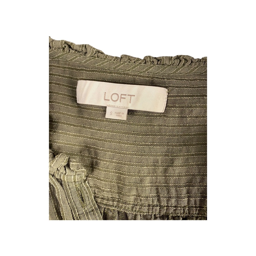 LOFT Olive Green Striped V-Neck Button Front Blouse Long Sleeve Cropped Top S - Picture 3 of 6
